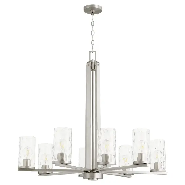 The Steinway chandelier brings soft contemporary elegance with its distinctive clear hammered glass shades and refined satin nickel finish. Eight lights provide ample illumination while the textured glass creates beautiful light diffusion.