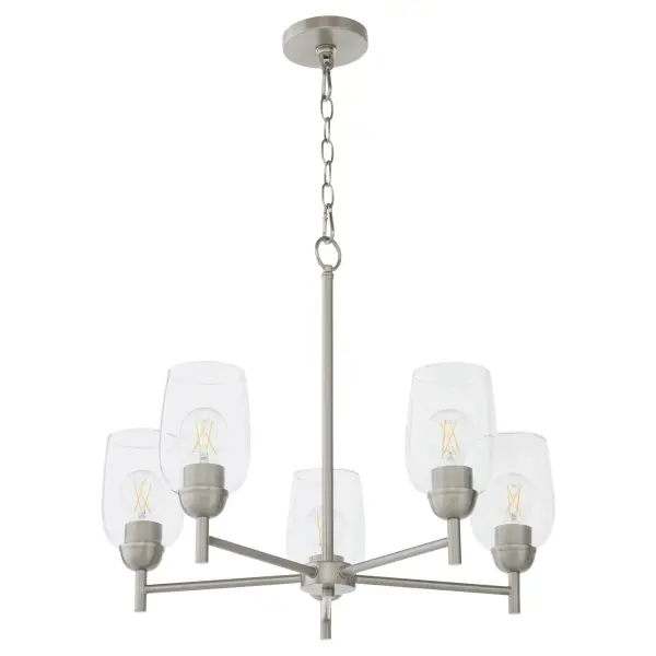 The Wallinger 5-Light Chandelier blends industrial design with classic lines, creating a versatile fixture that works across modern, transitional, and rustic interiors. Clear glass shades and satin nickel finish provide timeless style.
