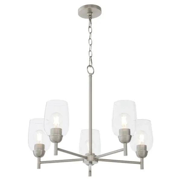 The Wallinger 5-Light Chandelier blends industrial design with classic lines, creating a versatile fixture that works across modern, transitional, and rustic interiors. Clear glass shades and satin nickel finish provide timeless style. - alternate view