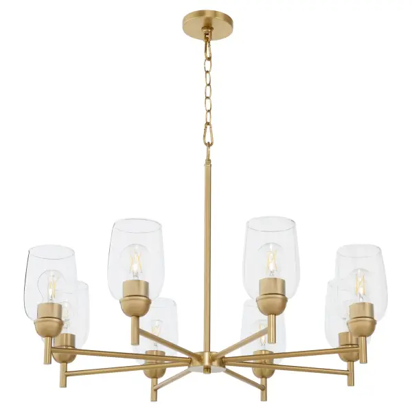 The Wallinger 8-Light Chandelier combines industrial design with classic lines, featuring aged brass finish and clear glass shades. Its balanced design and medium base compatibility make it adaptable to modern, rustic, and transitional interiors.