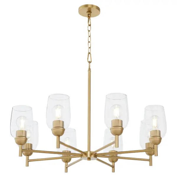 The Wallinger 8-Light Chandelier combines industrial design with classic lines, featuring aged brass finish and clear glass shades. Its balanced design and medium base compatibility make it adaptable to modern, rustic, and transitional interiors. - alternate view