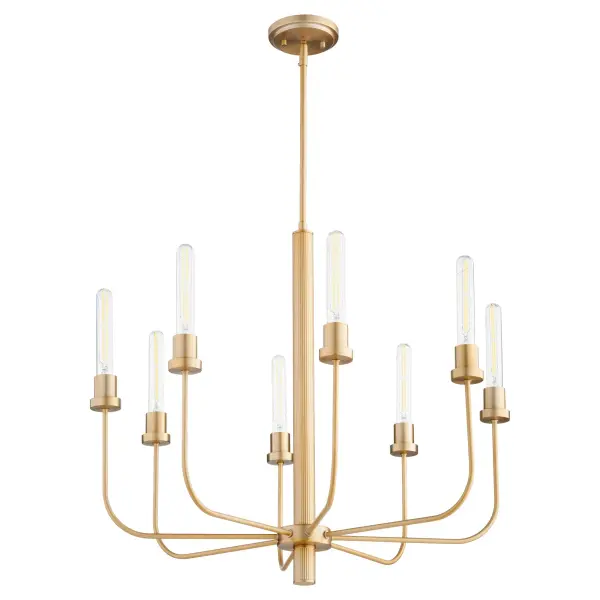 The Sheridan 8-Light Chandelier combines bold geometric lines with rounded profiles for a sophisticated transitional aesthetic. Its aged brass finish and clean design make it versatile for modern and traditional spaces alike.