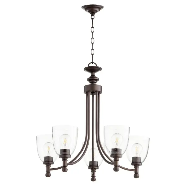 The Rossington 5-Light Chandelier bridges traditional and contemporary design with clean lines, soft curves, and a velvety Oiled Bronze finish. Satin Opal glass shades provide warm, diffused lighting perfect for dining and living spaces.