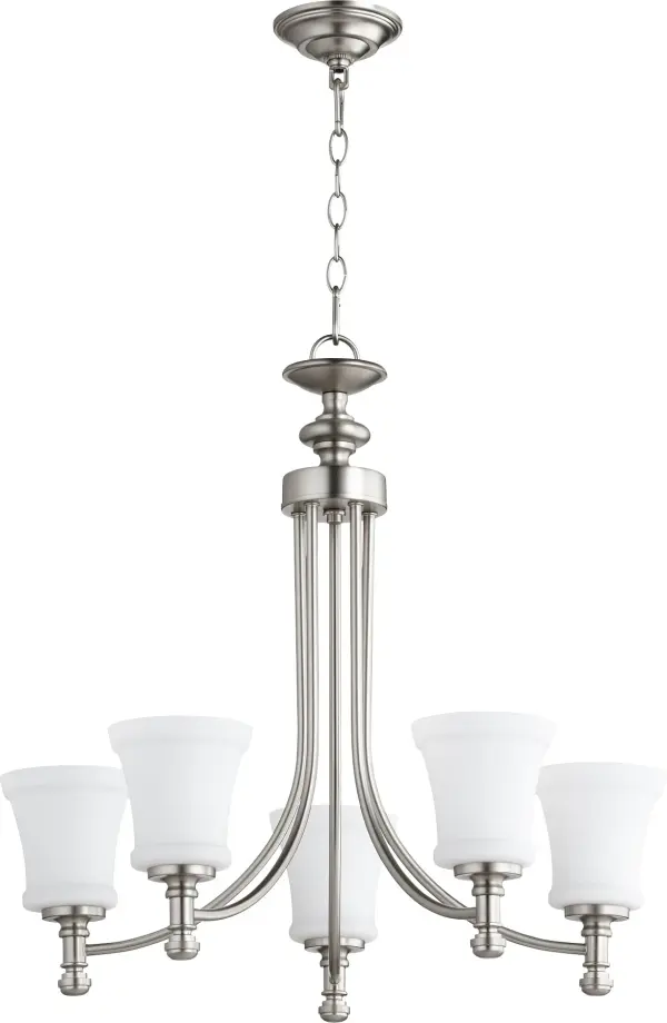 The Rossington 5-Light Chandelier bridges contemporary and traditional design with its clean lines, soft curves, and velvety Satin Nickel finish. Featuring Satin Opal glass shades, it delivers elegant ambient lighting.