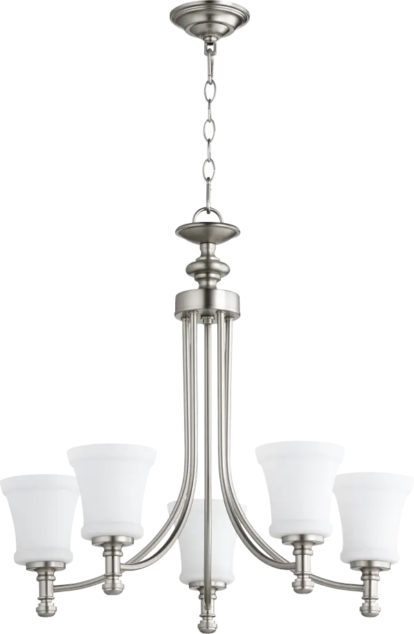 The Rossington 5-Light Chandelier bridges contemporary and traditional design with its clean lines, soft curves, and velvety Satin Nickel finish. Featuring Satin Opal glass shades, it delivers elegant ambient lighting. - alternate view
