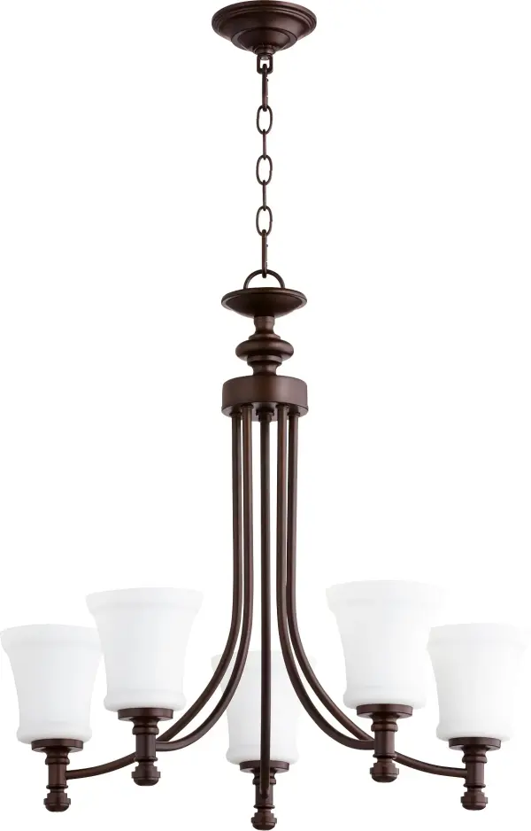 The Rossington 5-Light Chandelier bridges traditional and contemporary design with clean lines, soft curves, and a rich Oiled Bronze finish. Its Satin Opal glass shades provide warm, diffused lighting perfect for dining rooms and entryways.