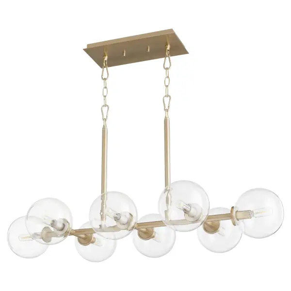The ROVI 8-Light Linear Chandelier combines clear glass domes with aged brass frames for authentic Mid-Century Modern appeal. Its dramatic linear design brings sophistication to dining rooms and kitchen islands while maintaining visual clarity.