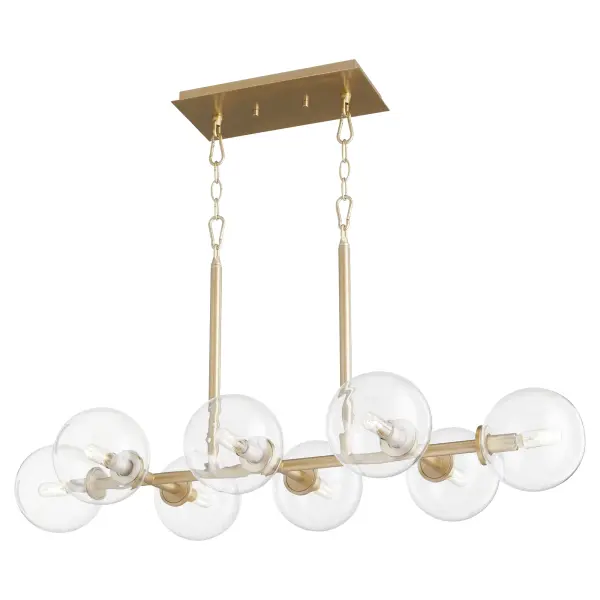 The ROVI 8-Light Linear Chandelier combines clear glass domes with aged brass frames for authentic Mid-Century Modern appeal. Its dramatic linear design brings sophistication to dining rooms and kitchen islands while maintaining visual clarity. - alternate view