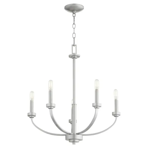 The Reyes 5-Light Chandelier combines sleek, clean-lined design with transitional versatility. Its Classic Nickel finish and elegant silhouette make it adaptable to various aesthetics while maintaining a distinctive presence in any space. - alternate view