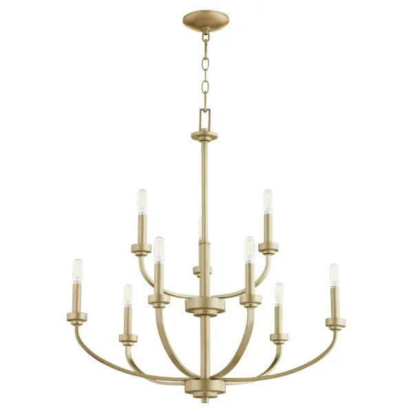 The Reyes 9-Light Chandelier combines sleek, clean-lined design with warm Aged Brass finish, making it a versatile choice for both traditional and contemporary spaces. Its transitional aesthetic blends seamlessly while maintaining enough presence to serve as a statement piece.