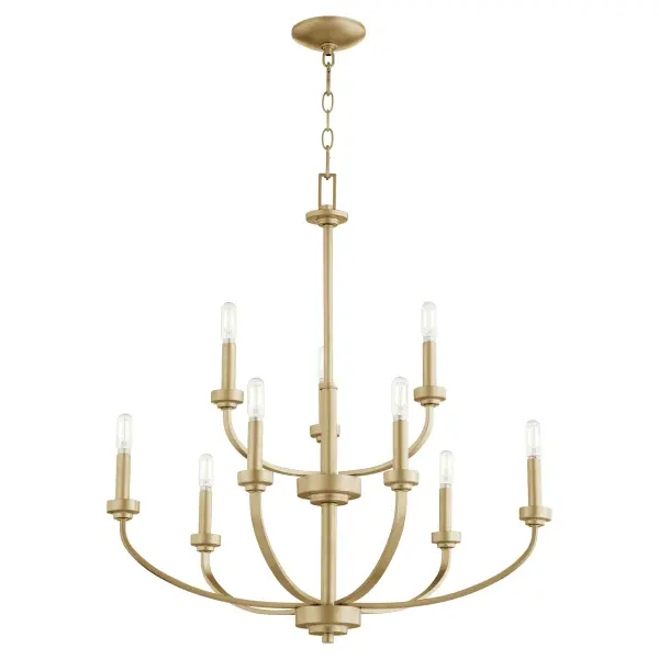The Reyes 9-Light Chandelier combines sleek, clean-lined design with warm Aged Brass finish, making it a versatile choice for both traditional and contemporary spaces. Its transitional aesthetic blends seamlessly while maintaining enough presence to serve as a statement piece. - alternate view