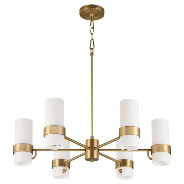 The Sojourn 6-Light Chandelier masterfully blends transitional design with nostalgic charm. Featuring candle-like milky glass pillars and brushed brass finish, it brings refined character to both modern and traditional spaces.