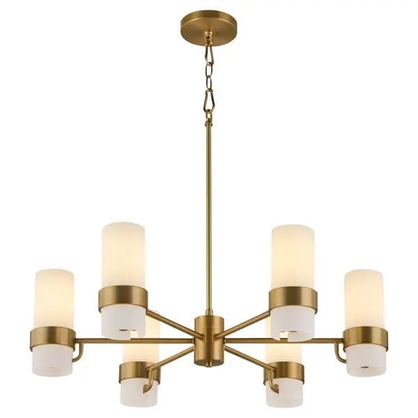 The Sojourn 6-Light Chandelier masterfully blends transitional design with nostalgic charm. Featuring candle-like milky glass pillars and brushed brass finish, it brings refined character to both modern and traditional spaces. - alternate view