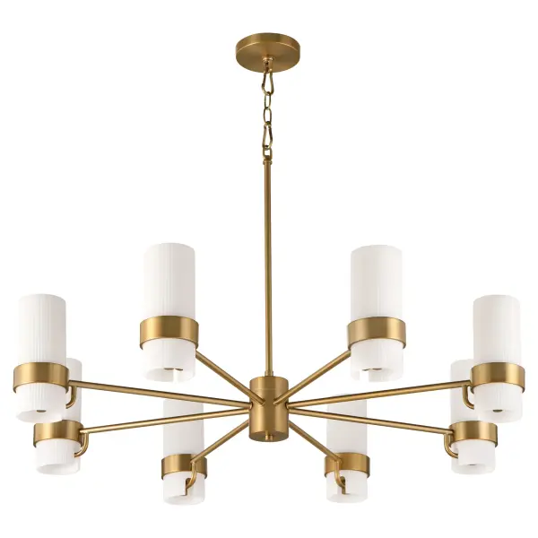 The Sojourn 8-Light Chandelier masterfully blends transitional design with nostalgic charm. Featuring candle-like milky glass pillars and brushed brass finish, it brings refined character to both modern and traditional spaces.