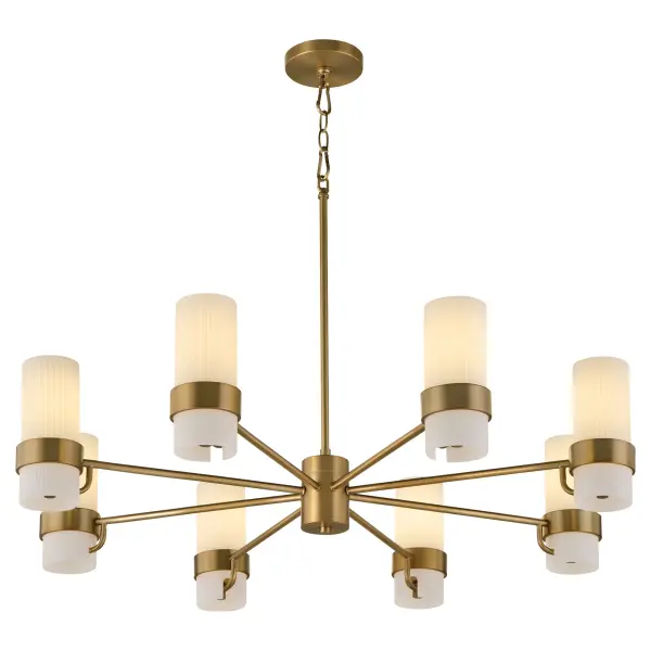 The Sojourn 8-Light Chandelier masterfully blends transitional design with nostalgic charm. Featuring candle-like milky glass pillars and brushed brass finish, it brings refined character to both modern and traditional spaces. - alternate view