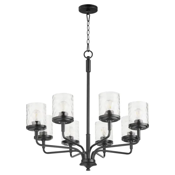 The Starky chandelier combines traditional design with modern matte black finish. Eight clear hammered glass shades provide ample illumination while adding textural interest to dining rooms and entryways.