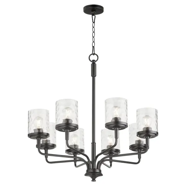 The Starky chandelier combines traditional design with modern matte black finish. Eight clear hammered glass shades provide ample illumination while adding textural interest to dining rooms and entryways. - alternate view