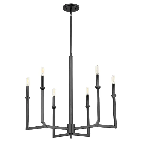 The Merrick 6-Light Chandelier brings simple elegance through straightforward geometric design and smooth matte black finish. Its right-angle construction and transitional aesthetic make it versatile for modern and traditional spaces alike.