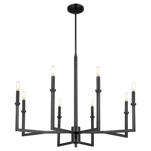 The Merrick 8-Light Chandelier brings simple elegance through its straightforward geometric design and smooth matte black finish. Perfect for transitional spaces, this fixture balances modern minimalism with classic chandelier form. - alternate view