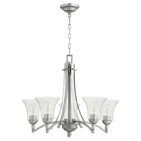 The Aspen chandelier features clean steel arms and flexible shade options that adapt to multiple design aesthetics. Its straightforward design and Classic Nickel finish make it suitable for everything from rustic cabins to modern condos.