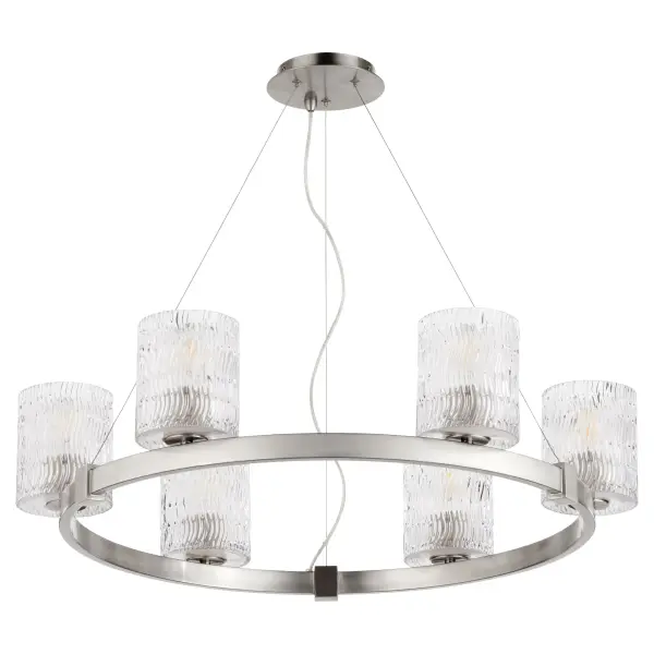 The Stadium chandelier reimagines the classic wagon wheel with contemporary styling, featuring cylindrical chiseled glass shades and thin-wire suspension that creates a floating appearance. Perfect for transitional spaces.