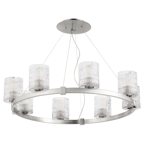 The Stadium chandelier reimagines the classic wagon wheel with contemporary styling. Eight cylindrical glass shades provide ample illumination while thin-wire suspension creates a floating appearance. Perfect for transitional spaces.