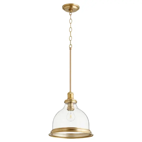 This transitional pendant combines a clear bell-shaped glass shade with aged brass detailing for versatile appeal. The adjustable rod lengths and chain suspension offer flexible installation options for various ceiling heights.