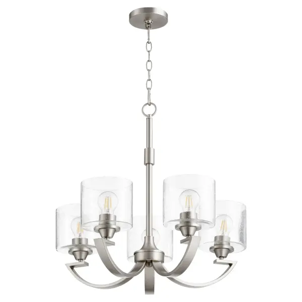 The Dakota 5-Light Chandelier combines clean geometric lines with clear seeded glass shades for a refined contemporary look. Its satin nickel finish and minimal open-air frame work beautifully in both indoor and covered outdoor spaces.