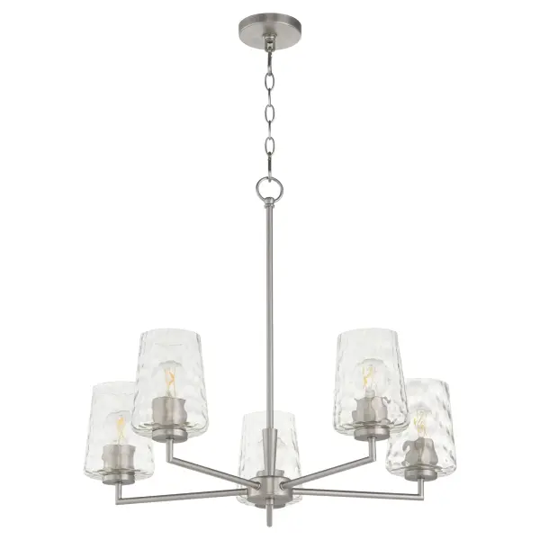 The Goodwin 5-Light Chandelier combines sleek metal framing with distinctive hammered glass shades for a sophisticated look. Its satin nickel finish and tapered glass create visual interest while providing ample illumination.