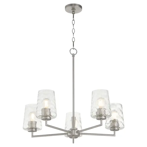The Goodwin 5-Light Chandelier combines sleek metal framing with distinctive hammered glass shades for a sophisticated look. Its satin nickel finish and tapered glass create visual interest while providing ample illumination. - alternate view