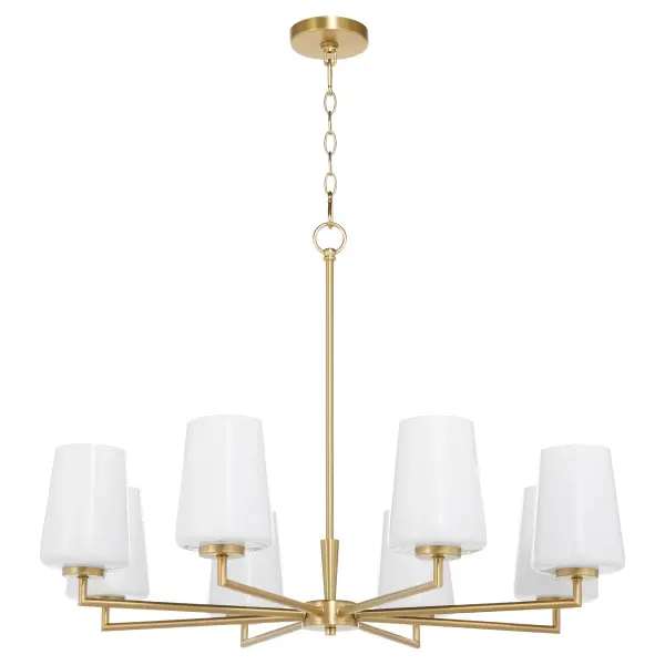 The Goodwin 8-Light Chandelier combines timeless opal glass globes with warm aged brass finish, creating a sophisticated focal point. Its generous scale and classic design work beautifully in both traditional and contemporary spaces.