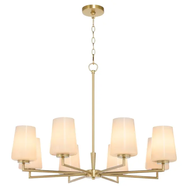The Goodwin 8-Light Chandelier combines timeless opal glass globes with warm aged brass finish, creating a sophisticated focal point. Its generous scale and classic design work beautifully in both traditional and contemporary spaces. - alternate view