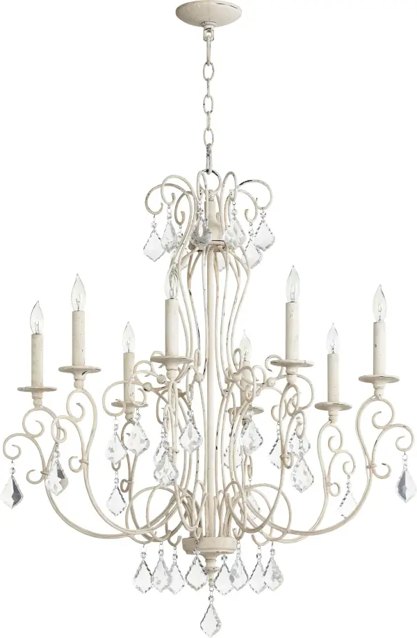The Ariel chandelier combines soft curves with a pristine Persian white finish and crystal clear accents for a sophisticated traditional look. Its 8-light design provides ample illumination while the attention to detail creates visual interest.