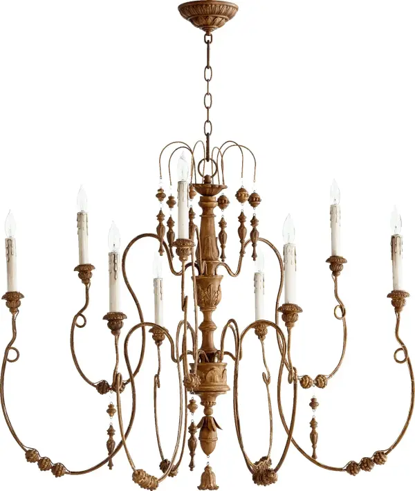 The Salento chandelier brings Italian Baroque and Rococo influences to life with gracefully curved arms, candlestick-styled lights, and artisanal leaf motifs. Its French Umber finish and intentionally imperfect asymmetry create an authentic antiqued look.