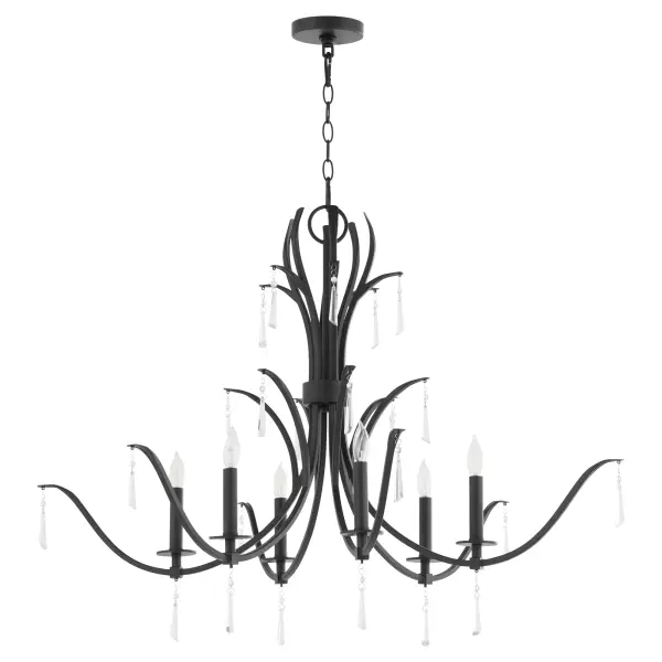 The Majesty chandelier combines matte black sophistication with crystal embellishments for a luxurious yet versatile look. Its elliptical design and lavish detailing make it perfect for formal dining rooms and grand entryways.