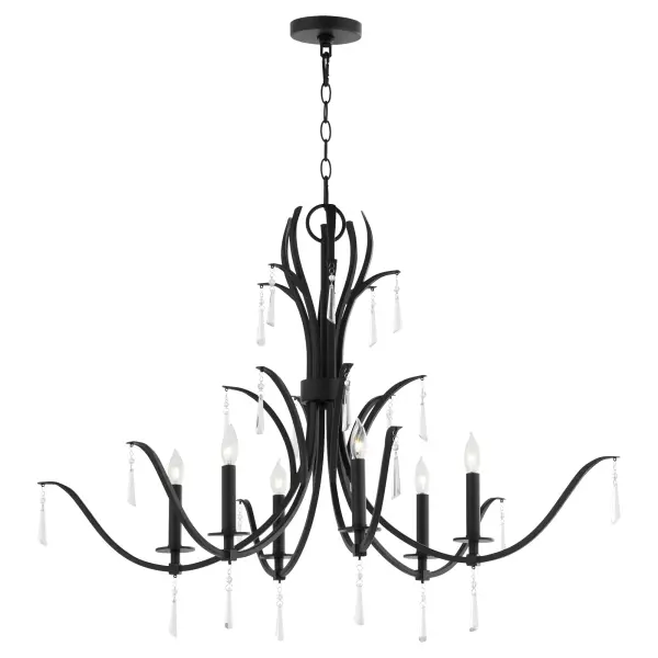 The Majesty chandelier combines matte black sophistication with crystal embellishments for a luxurious yet versatile look. Its elliptical design and lavish detailing make it perfect for formal dining rooms and grand entryways. - alternate view