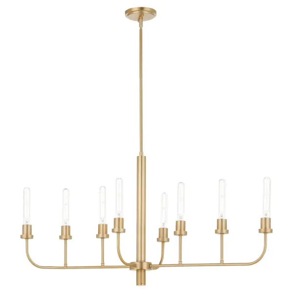 The Sheridan 8-Light Linear Chandelier combines rounded angles with bold lines in a sophisticated aged brass finish. Its soft contemporary design and neutral palette make it adaptable to various interior styles.
