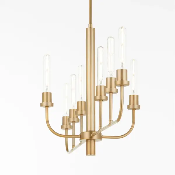 The Sheridan 8-Light Linear Chandelier combines rounded angles with bold lines in a sophisticated aged brass finish. Its soft contemporary design and neutral palette make it adaptable to various interior styles. - alternate view