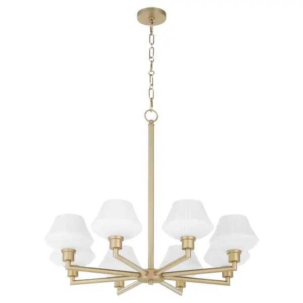The Cassini 8-Light Chandelier combines clean angular lines with warm aged brass for a versatile modern aesthetic. Its satin opal glass shades provide soft, even illumination perfect for dining and entertaining spaces.