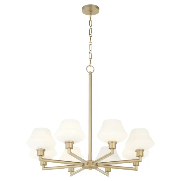 The Cassini 8-Light Chandelier combines clean angular lines with warm aged brass for a versatile modern aesthetic. Its satin opal glass shades provide soft, even illumination perfect for dining and entertaining spaces. - alternate view