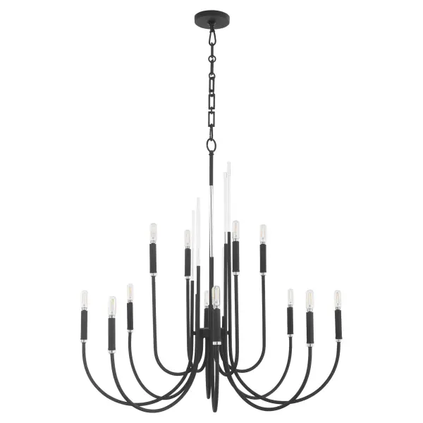 The Summit 12-Light Chandelier combines sweeping U-shaped arms with clear acrylic accents for a bold contemporary statement. Its textured black finish and tiered silhouette create dramatic visual impact in large spaces.