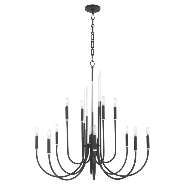 The Summit 12-Light Chandelier combines sweeping U-shaped arms with clear acrylic accents for a bold contemporary statement. Its textured black finish and tiered silhouette create dramatic visual impact in large spaces. - alternate view