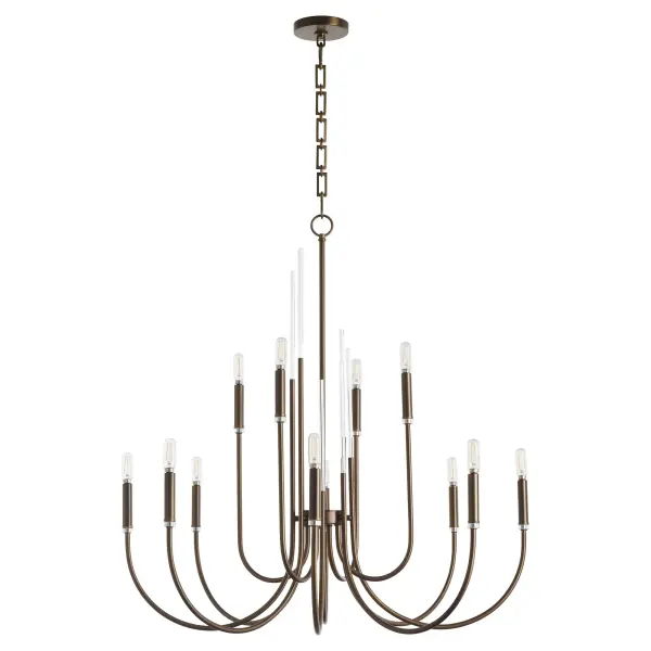 The Summit 12-light chandelier combines contemporary design with elegant details. Featuring sweeping U-shaped arms, clear acrylic accents, and a sophisticated dark brass finish, this statement piece brings modern luxury to any space.