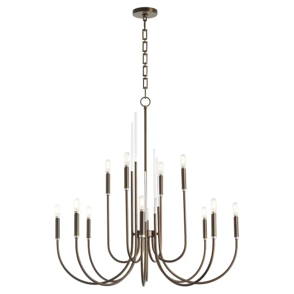 The Summit 12-light chandelier combines contemporary design with elegant details. Featuring sweeping U-shaped arms, clear acrylic accents, and a sophisticated dark brass finish, this statement piece brings modern luxury to any space. - alternate view