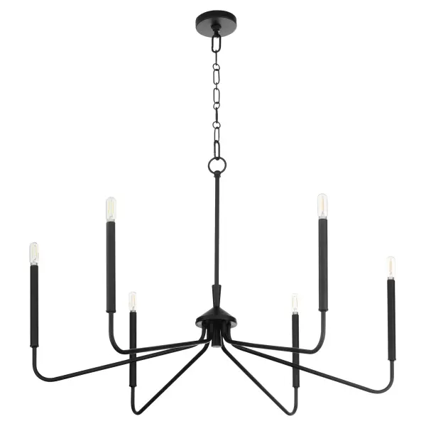 The Providence 6-Light Chandelier combines minimalist design with geometric forms in a sophisticated matte black finish. Its exposed bulb design and clean lines make it adaptable to both modern and transitional spaces.