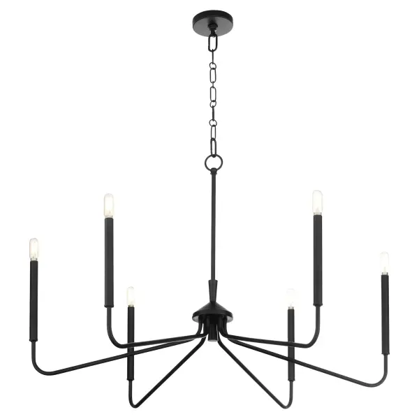 The Providence 6-Light Chandelier combines minimalist design with geometric forms in a sophisticated matte black finish. Its exposed bulb design and clean lines make it adaptable to both modern and transitional spaces. - alternate view