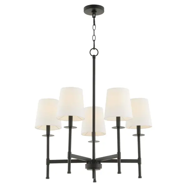 The Belshaw 5-Light Chandelier seamlessly bridges traditional and modern design with sleek candelabra sockets and elegant linen shades. Its matte black finish adds contemporary edge while maintaining timeless appeal. - alternate view