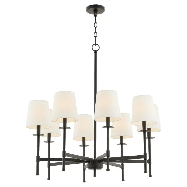 The Belshaw 8-Light Chandelier seamlessly bridges traditional and modern design with sleek linen shades over candelabra sockets. Its matte black finish and clean lines create contemporary warmth while maintaining classic appeal. - alternate view