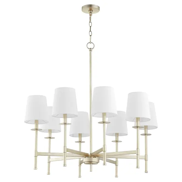 The Belshaw 8-Light Chandelier combines sleek lines with linen shades for a perfect blend of traditional warmth and contemporary style. Its aged silver leaf finish and flexible design works beautifully in both modern and classic spaces.