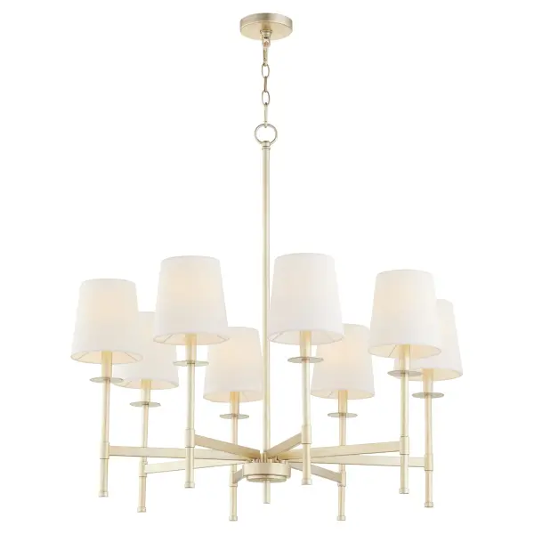 The Belshaw 8-Light Chandelier combines sleek lines with linen shades for a perfect blend of traditional warmth and contemporary style. Its aged silver leaf finish and flexible design works beautifully in both modern and classic spaces. - alternate view